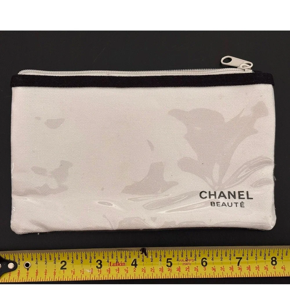 Chanel Beaute White Canvas Cosmetic Pouch Makeup Bag Zipper Travel Case Logo